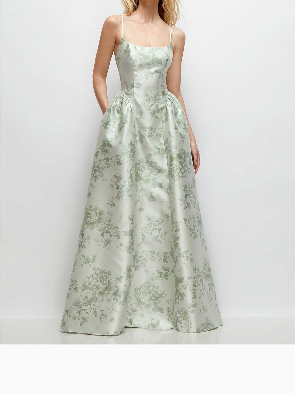 Dessy Collection Light Green Floral Maxi Gown with Spaghetti Straps